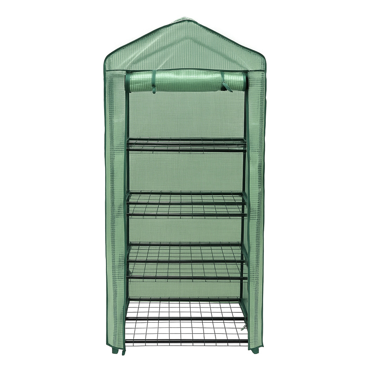Mini-Gewächshaus mit vier stabilen Regalen, grüner Polyethylen-Abdeckung und metallischem Gestell, ideal für Pflanzenzucht und Gartenarbeit