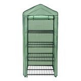 Mini-Gewächshaus mit vier stabilen Regalen, grüner Polyethylen-Abdeckung und metallischem Gestell, ideal für Pflanzenzucht und Gartenarbeit