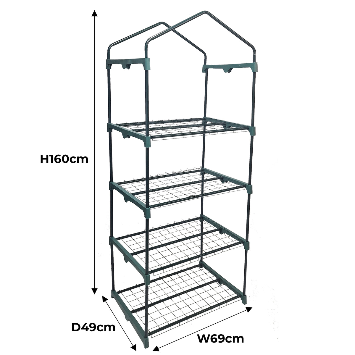 Mini-Gewächshaus mit vier Regalen, stabiler Metallrahmen in Grün, Polyethylen-Abdeckung, ideal für Pflanzenzucht, Höhe 160 cm, Breite 69 cm, Tiefe 49 cm