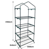 Mini-Gewächshaus mit vier Regalen, stabiler Metallrahmen in Grün, Polyethylen-Abdeckung, ideal für Pflanzenzucht, Höhe 160 cm, Breite 69 cm, Tiefe 49 cm