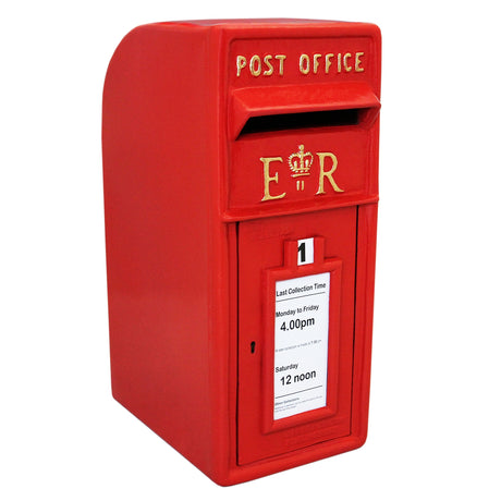 Roter Briefkasten im englischen Stil mit goldenen Buchstaben "Post Office" und "ER", glänzende Oberfläche, rechteckige Form, ideal für den Außenbereich