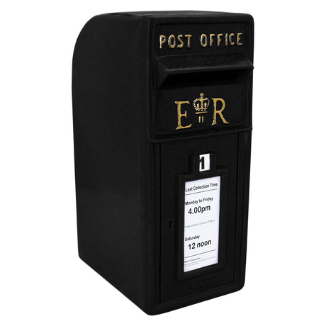Schwarzer Briefkasten im englischen Stil mit goldenen Buchstaben, rechteckiger Form und einer Klappe für den Posteinwurf, ideal für den Außenbereich