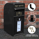 Schwarzer Briefkasten im englischen Stil mit goldenen Details, robustem Metall, ideal für bis zu 200 Briefe, inklusive zwei Schlüsseln und Wandhalterung