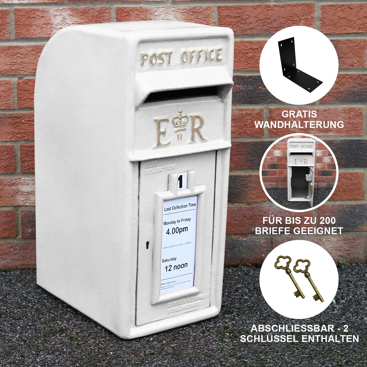 Eleganter, weißer Briefkasten im englischen Stil mit goldenen Details, geeignet für bis zu 200 Briefe, inklusive zwei Schlüsseln und Wandhalterung
