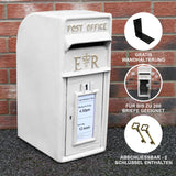Weißer Briefkasten im englischen Stil mit der Aufschrift "Post Office", aus robustem Material, ideal für bis zu 200 Briefe, inklusive zwei Schlüsseln