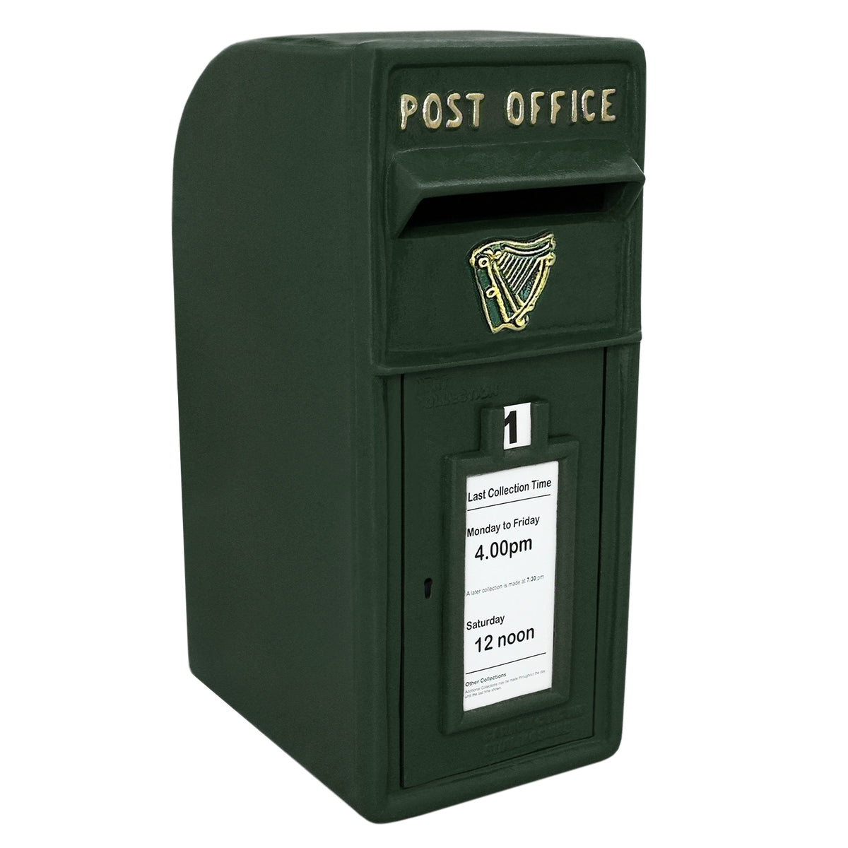 Grüner Briefkasten im irischen Stil mit goldener Harfe, strukturiertem Gehäuse und klaren Abholzeiten für die Post. Ideal für nostalgische Akzente
