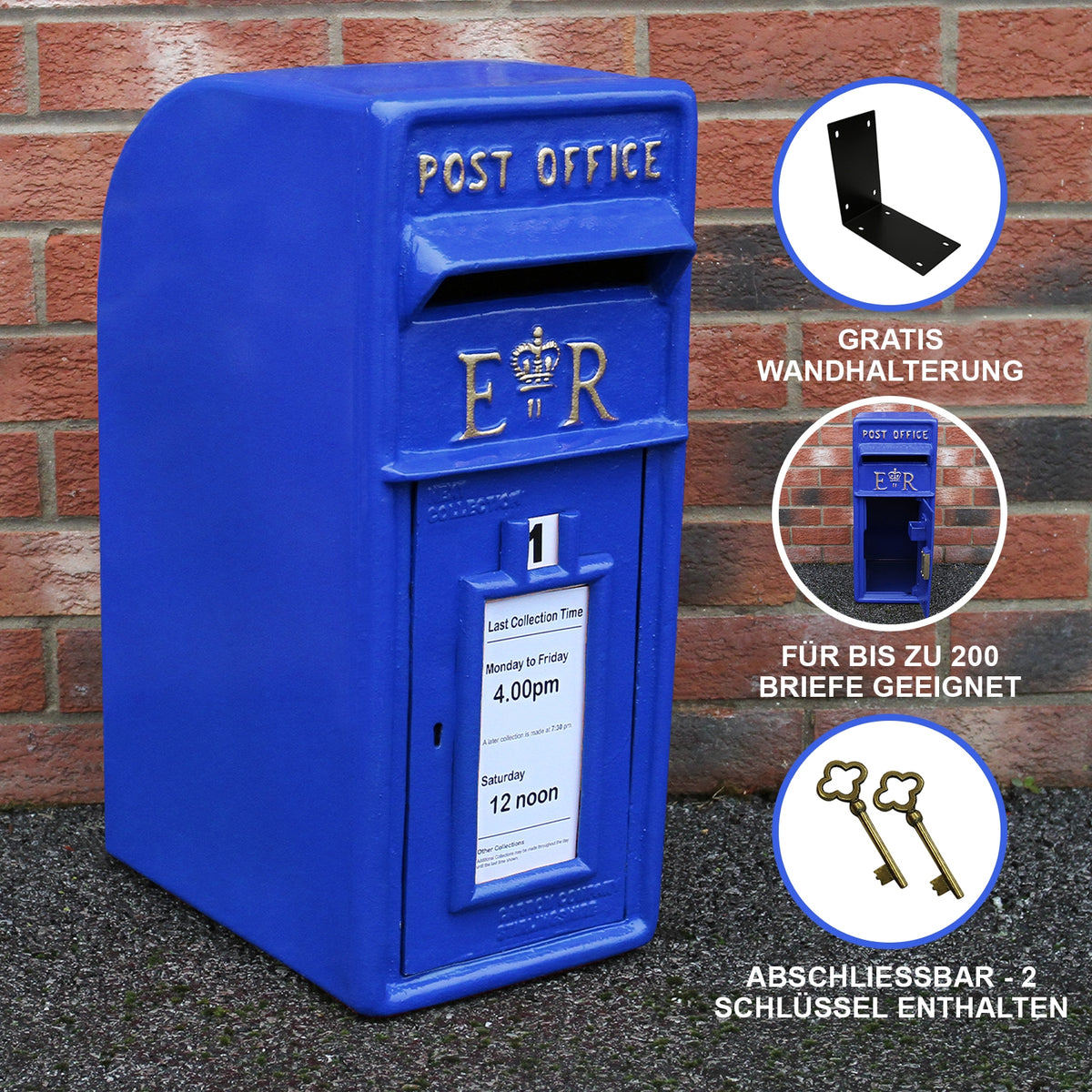 Blauer Briefkasten im schottischen Stil mit goldenen Details, geeignet für bis zu 200 Briefe, inklusive zwei Schlüsseln und Wandhalterung