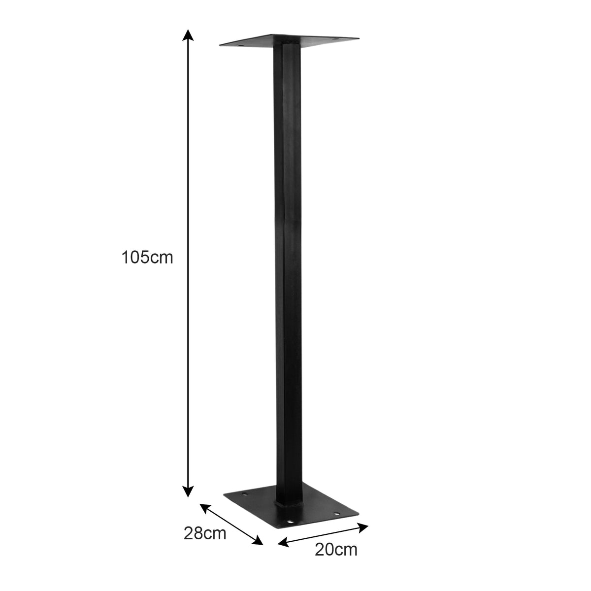 Schwarzer Briefkastenständer aus robustem Metall, 105 cm hoch, mit quadratischer Basis von 28 cm und 20 cm, ideal für die Montage von Briefkästen