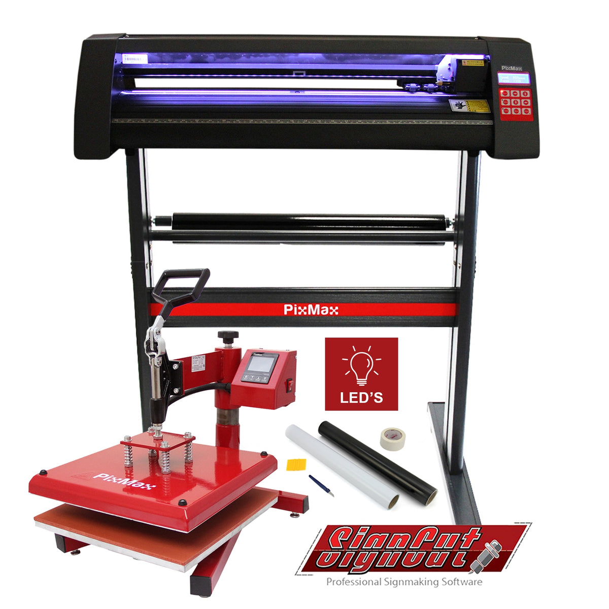 LED Schneideplotter mit schwarzem Gehäuse, roter Transferpresse, Software und Zubehör, ideal für präzise Schneid- und Druckprojekte
