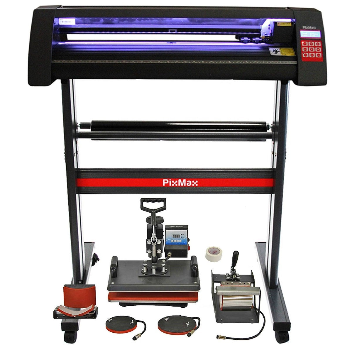 720 mm LED Schneideplotter mit fünf Funktionen, darunter eine Hitzepresse, in Schwarz und Rot, ausgestattet mit verschiedenen Werkzeugen und Zubehörteilen