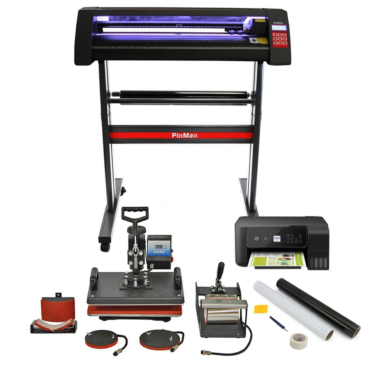 720 mm LED Schneideplotter in Schwarz mit Hitzepresse, Drucker und Zubehör, ideal für kreative Projekte und personalisierte Designs