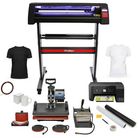 Das PixMax Da Vinci Set 5 in 1 umfasst eine Transferpresse, einen Vinyl Plotter und einen Drucker, ideal für kreative Projekte und personalisierte Designs