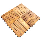 Klickfliesen aus Akazienholz in warmen Brauntönen, mit glatter Oberfläche und schmalen Holzlatten, ideal für Terrassen und Balkone