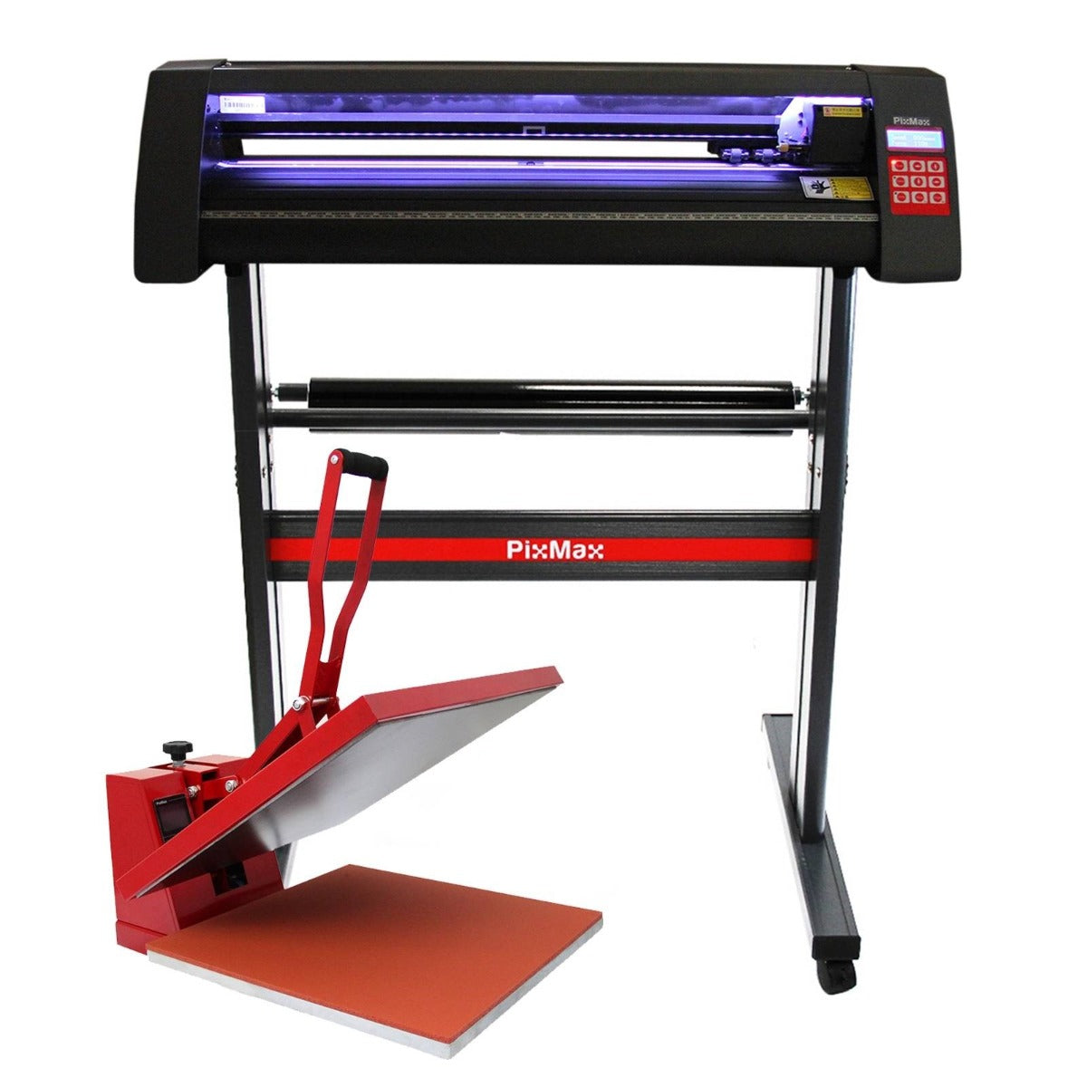 720 mm LED Schneideplotter in Schwarz mit rotem Akzent, daneben eine rote Transferpresse mit silberner Heizplatte auf einem stabilen Gestell