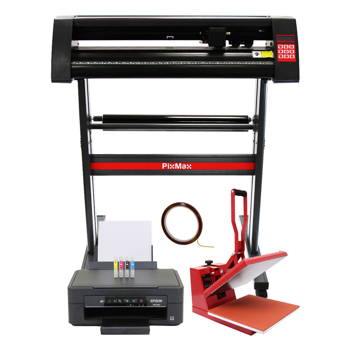 Schwarze 38-cm-Klapppresse, 720-mm-Vinylschneider und Epson-Drucker, ausgestattet mit bunten Tintenpatronen und Zubehör für kreative Projekte