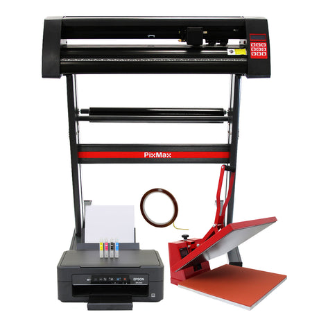 Kompakte 50-cm-Klapppresse in Rot und Schwarz, 720-mm-Vinylschneider mit präzisen Klingen und Epson-Drucker in Schwarz mit bunten Tintenpatronen