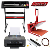 38-cm-Klapppresse in Rot, 720-mm-Vinylschneider in Schwarz, Epson-Drucker mit Tintenpatronen, Entgitterungsset und Zubehör auf weißem Hintergrund