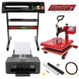 38-cm-Schwenkpresse in Rot, 720-mm-Vinylschneider, Epson-Drucker mit Tintenpatronen, Entgitterungsset mit Werkzeugen und Materialien auf weißem Hintergrund