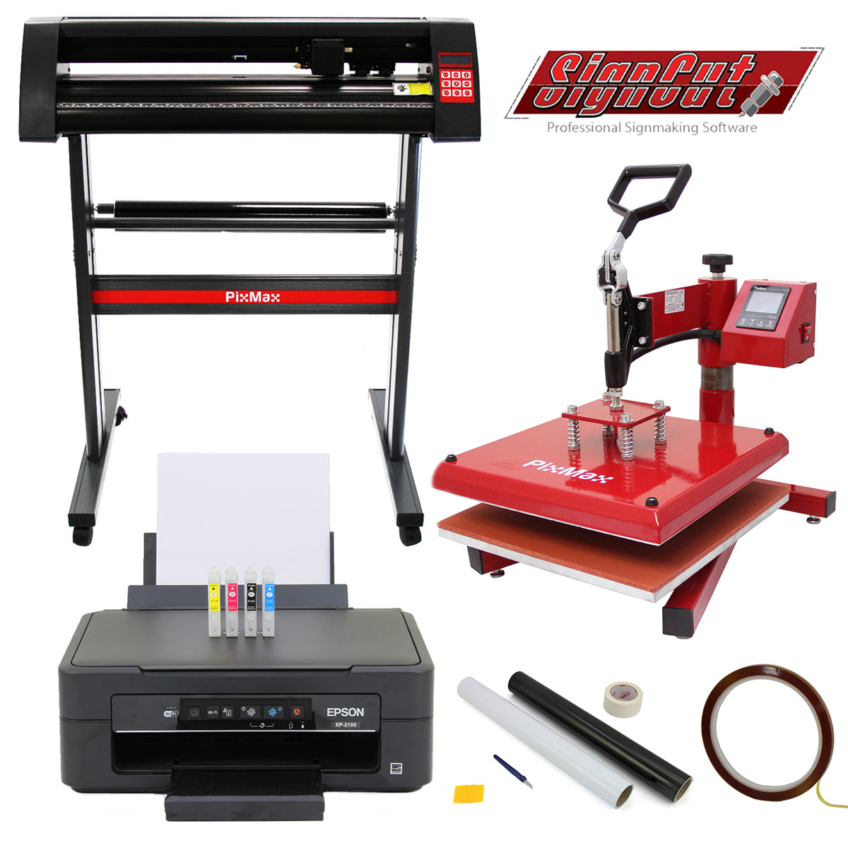 38-cm-Schwenkpresse in Rot, 720-mm-Vinylschneider, Epson-Drucker mit Tintenpatronen, Entgitterungsset mit Werkzeugen und Materialien auf weißem Hintergrund