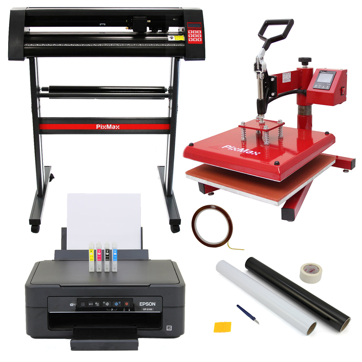 38-cm-Schwenkpresse in Rot, 720-mm-Vinylschneider in Schwarz, Epson-Drucker mit Tintenpatronen, Entgitterungsset und Materialien auf hellem Hintergrund