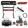 5-in-1-Heißpresse, 720-mm-Vinylschneider, Epson-Drucker und Entgitterungsset auf einem weißen Hintergrund, mit verschiedenen Werkzeugen und Materialien in lebhaften Farben