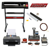 5-in-1-Heißpresse, 720-mm-Vinylschneider, Epson-Drucker und Entgitterungsset auf einem weißen Hintergrund, mit verschiedenen Werkzeugen und Materialien in lebhaften Farben