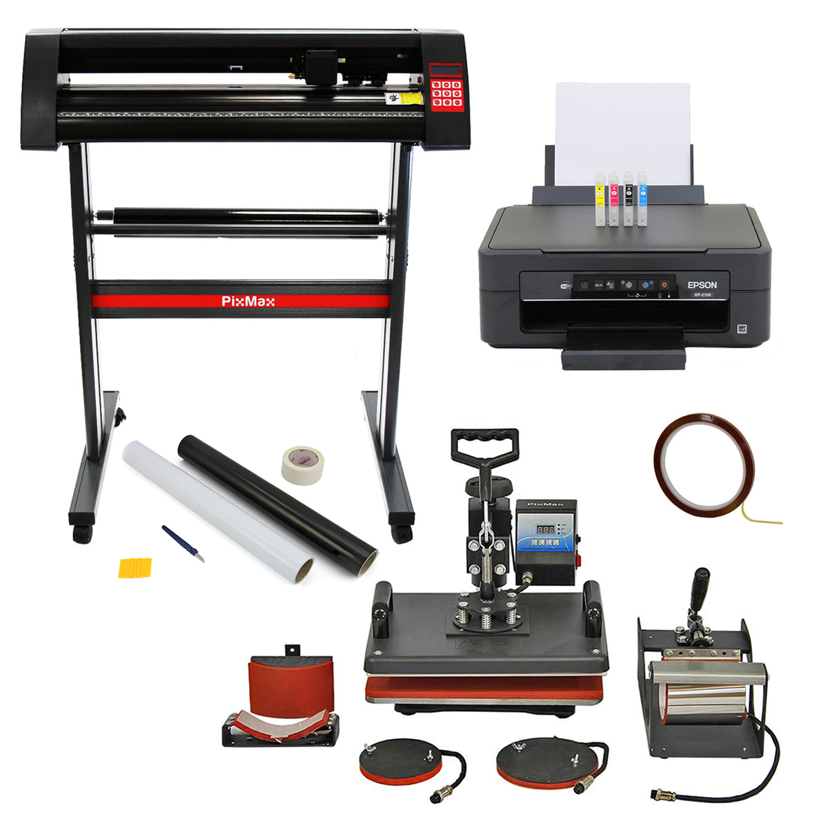 5-in-1-Heißpresse, 720-mm-Vinylschneider, Epson-Drucker und Entgitterungsset, ideal für kreative Projekte mit bunten Materialien und präzisen Schnitten