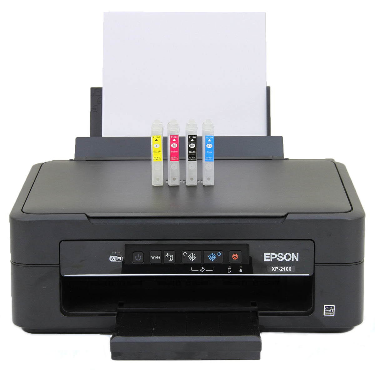 Schwarzer Epson XP-2100 Drucker mit vier bunten Tintenpatronen in Gelb, Magenta, Cyan und Schwarz, bereit zum Drucken von Bastelprojekten
