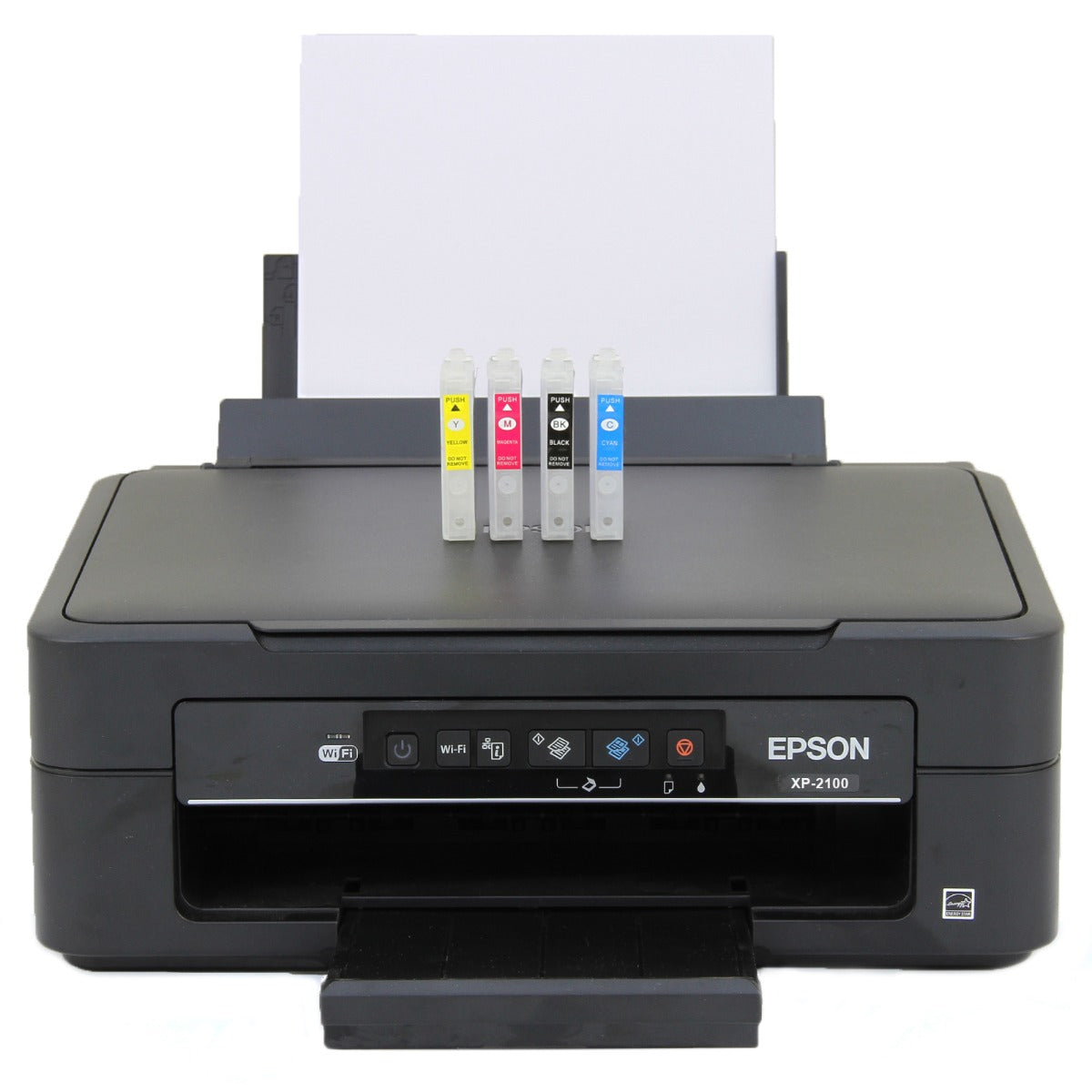 Schwarzer Epson XP-2100 Drucker mit vier Tintenpatronen in Gelb, Magenta, Cyan und Schwarz, bereit für den Druck auf Transferpapier