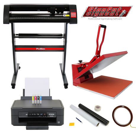 Vinylschneider in Schwarz mit roter Transferpresse, Drucker und Zubehör für Schilderherstellung, ideal für kreative Projekte und personalisierte Designs