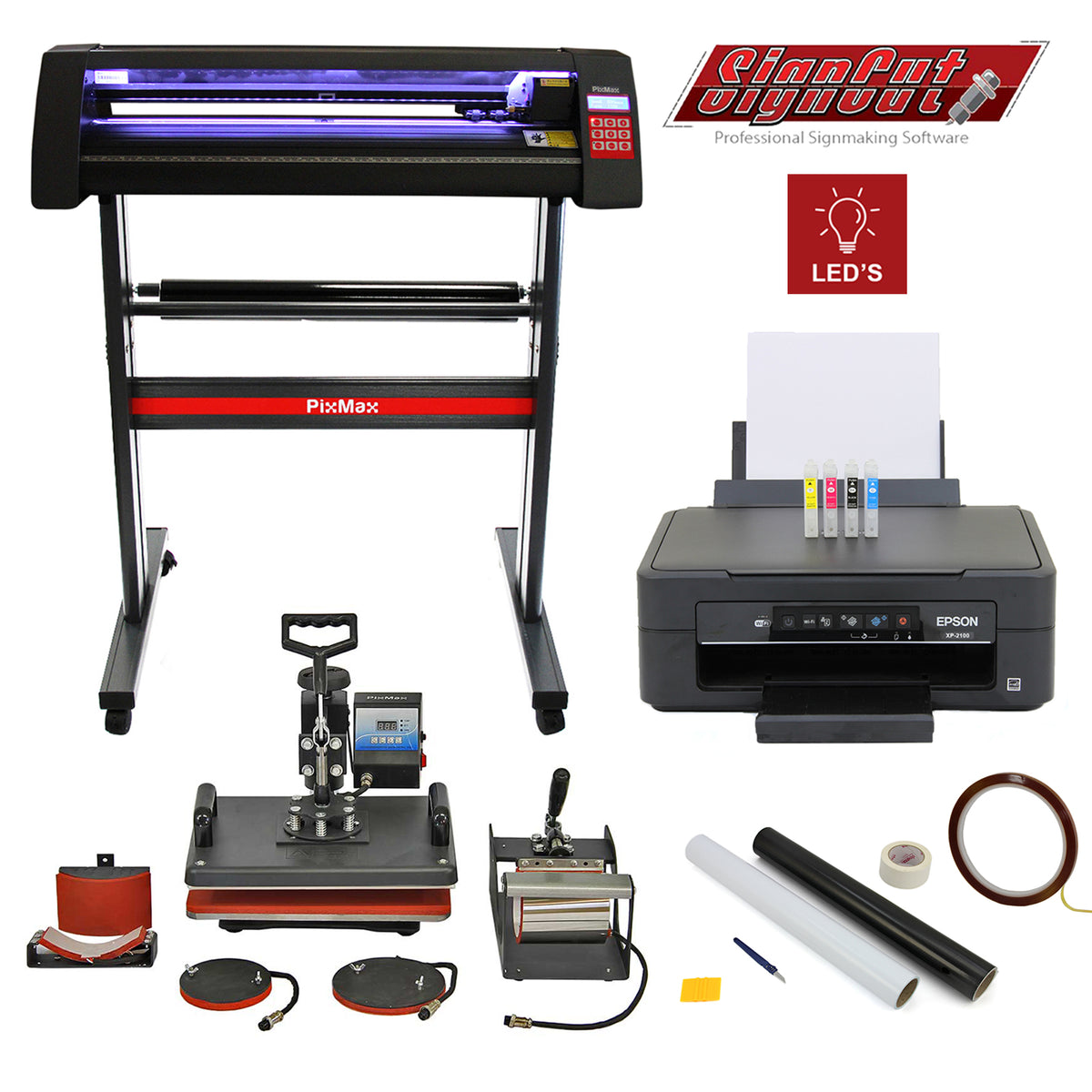 5-in-1-Gerät mit LED-Vinylschneider, Value-Drucker, CISS, SignCut-Software, Entgitterungsset und Hitzeschutzband in schwarz und rot