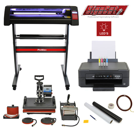 5-in-1-Gerät mit LED-Vinylschneider, Value-Drucker, CISS, SignCut-Software, Entgitterungsset und Hitzeschutzband in schwarz und rot