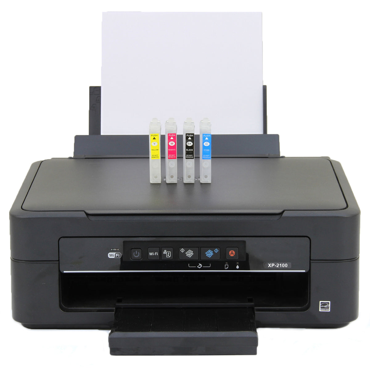 Schwarzer 5-in-1-Drucker mit vier Tintenpatronen in Cyan, Magenta, Gelb und Schwarz, bereit für den Druck auf weißem Papier