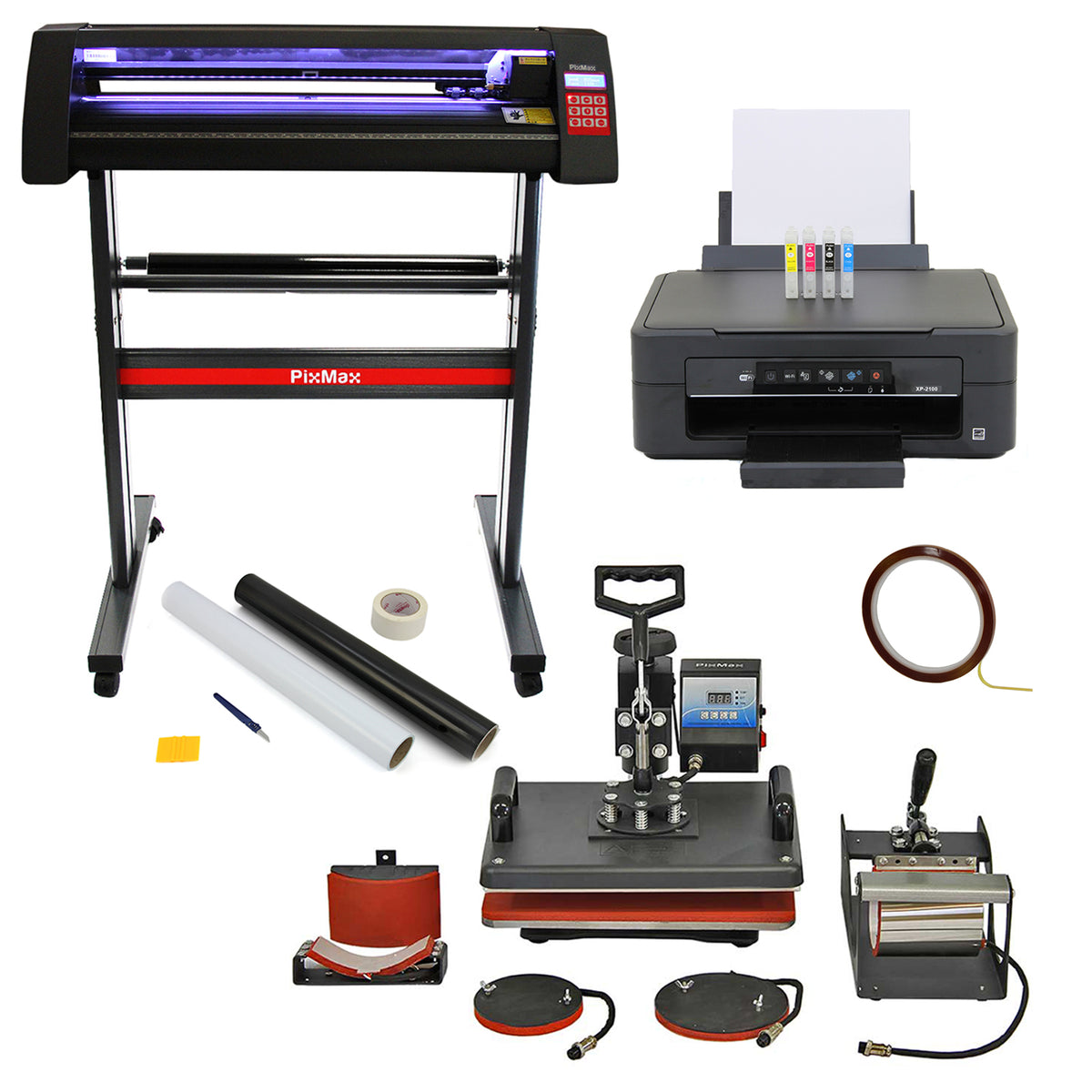 5-in-1-Gerät mit einem LED-Vinylschneider, Value-Drucker, Entgitterungsset, Hitzeschutzband und Zubehör in Schwarz und Rot, ideal für kreative Projekte