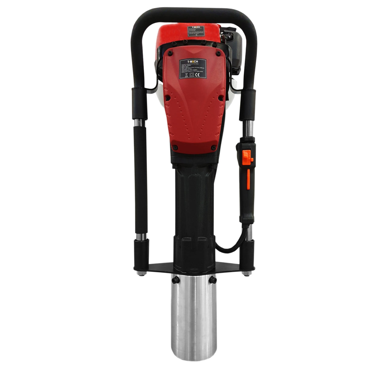 Robuster T-Mech 4-Takt Pfahlramme in Rot und Schwarz mit einem glänzenden Metallzylinder, ideal für Bauarbeiten und Erdverankerungen
