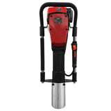 Robuster T-Mech 4-Takt Pfahlramme in Rot und Schwarz mit einem glänzenden Metallzylinder, ideal für Bauarbeiten und Erdverankerungen