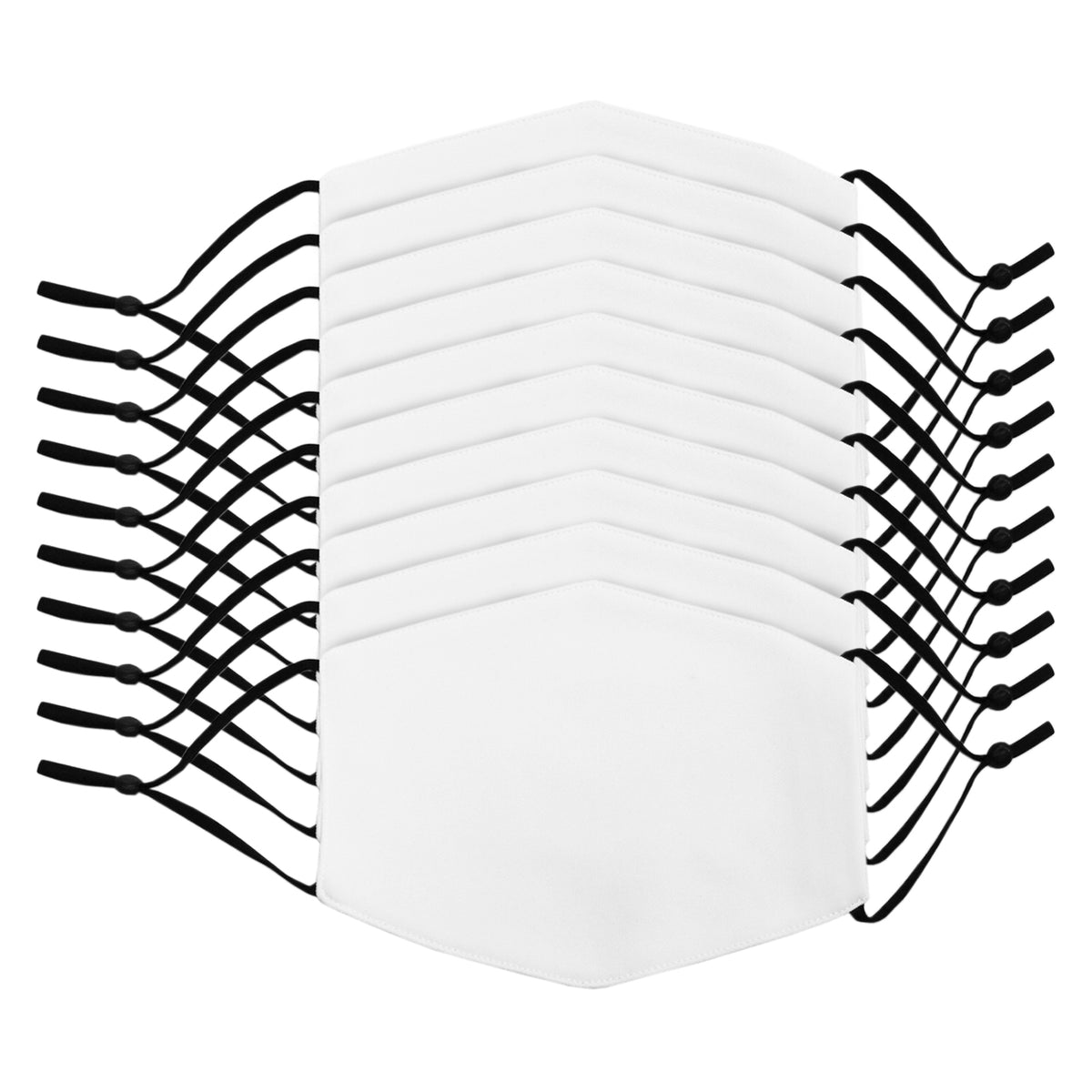 Zehn weiße Gesichtsmasken aus weichem Material mit schwarzen elastischen Bändern, ideal für Sublimationsdruck und kreative Designs