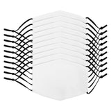 Zehn weiße Gesichtsmasken aus weichem Material mit schwarzen elastischen Bändern, ideal für Sublimationsdruck und kreative Designs