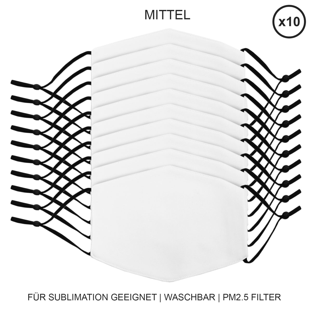 Zehn weiße, waschbare Gesichtsmasken in mittlerer Größe mit schwarzen elastischen Bändern und Platz für PM2.5 Filter, ideal für Sublimation