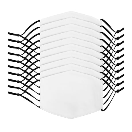 Zehn weiße Gesichtsmasken aus weichem Material, in einer gleichmäßigen Anordnung mit schwarzen elastischen Ohrschlaufen für sicheren Halt