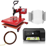 Zwei Druckgeräte, eine rote Schwingpresse und ein schwarzer Eco Tank Drucker, umgeben von zehn weißen Gesichtsmasken und einem Klebeband für Sublimationsdruck