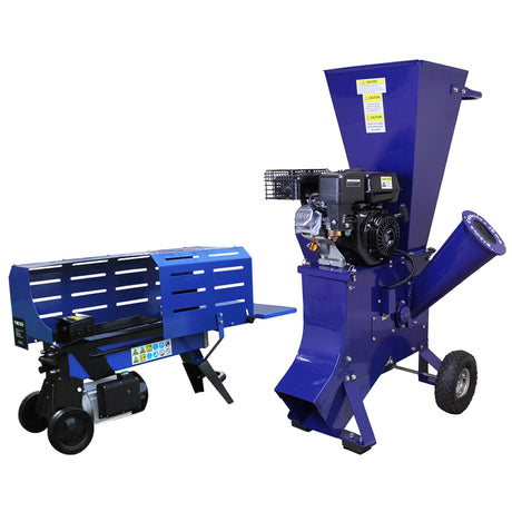 Blauer T-Mech Holzspalter mit 5 Tonnen Druck und 370 mm Schnittlänge, neben einer blauen Holzhackmaschine mit 6,5 PS Motor, robust und effizient