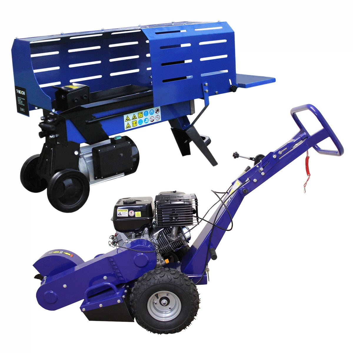 Blauer T-Mech Holzspalter mit 7 Tonnen Kraft und 520 mm Schnittbreite, kombiniert mit einer robusten 13PS Baumstumpffräse auf einem stabilen Fahrgestell