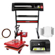 Zehn Gesichtsmasken, eine rote Schwingpresse, ein Eco Tank Drucker und ein Schneideplotter in Schwarz mit rotem Design auf einem weißen Hintergrund