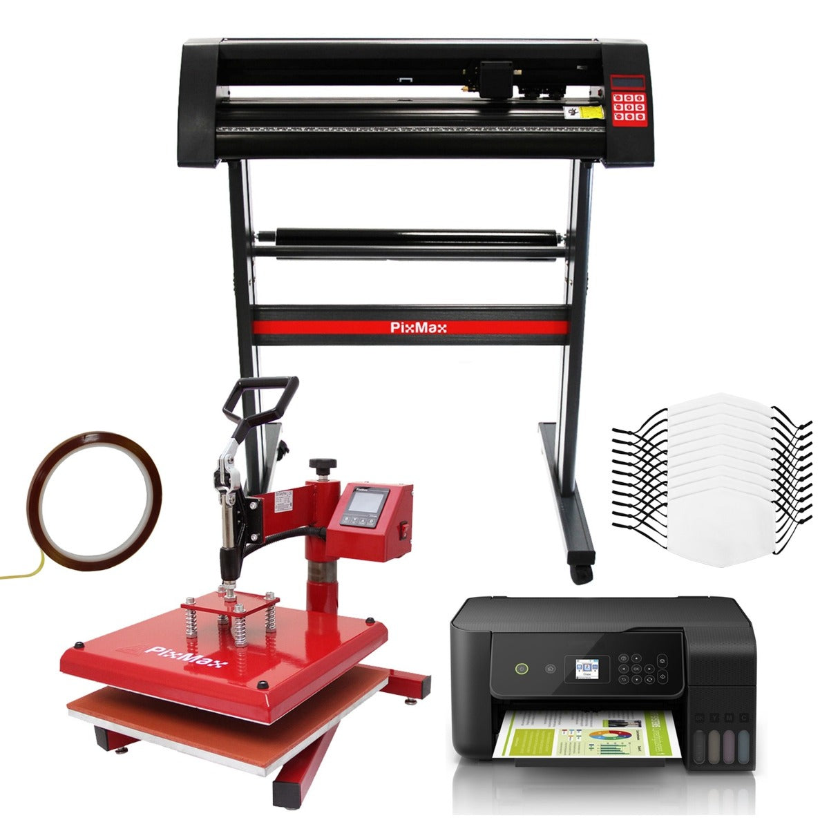 Zehn Gesichtsmasken, eine rote Schwingpresse, ein Eco Tank Drucker und ein Schneideplotter in Schwarz mit rotem Design auf einem weißen Hintergrund