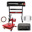 Schneideplotter mit rotem Rahmen, Schwingpresse in Rot und Schwarz, Epson Drucker, zehn weiße Gesichtsmasken und Zubehör in einem klaren Layout