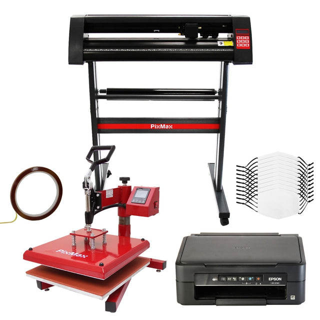 Schneideplotter mit rotem Rahmen, Schwingpresse in Rot und Schwarz, Epson Drucker, zehn weiße Gesichtsmasken und Zubehör in einem klaren Layout