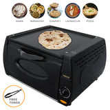 Kompakter Mini Tandoor Ofen in Schwarz mit einem flachen Grillbereich, ideal zum Backen von Naan, Chapati und Pizza, inklusive kostenloser Zange