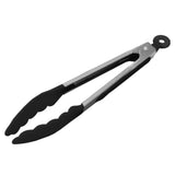Schwarze Silikon-Zange mit Edelstahlgriff, ideal zum Wenden und Servieren von Speisen, rutschfest und hitzebeständig für den Einsatz im Mini Tandoor Ofen