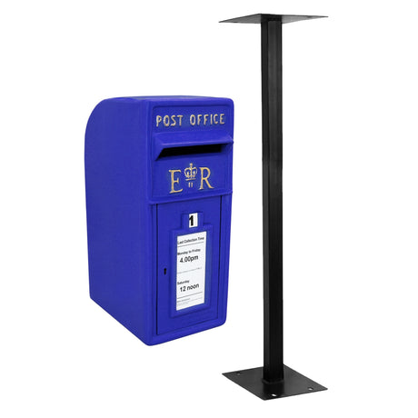 Blauer Briefkasten mit Bodenständer, rechteckige Form, glänzende Oberfläche, mit Postfach und Öffnung für Briefe, elegantes Design für den Außenbereich